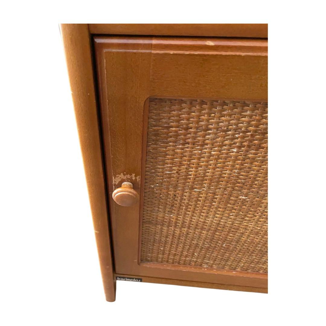 希少 カリモク ラタン 木製電話台・FAX台 引き出し付き 昭和レトロ