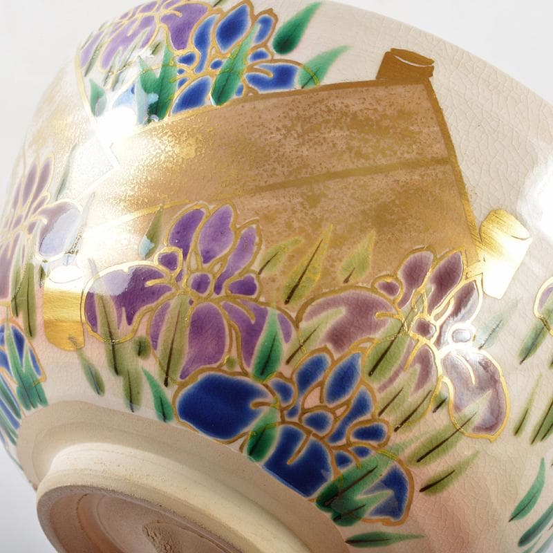 京焼 押小路窯 庄左エ門造 色絵八ツ橋 菖蒲文 茶碗 共布共