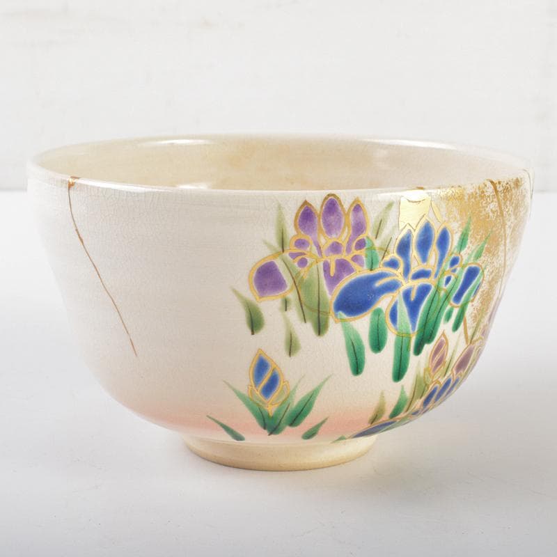 京焼 押小路窯 庄左エ門造 色絵八ツ橋 菖蒲文 茶碗 共布共