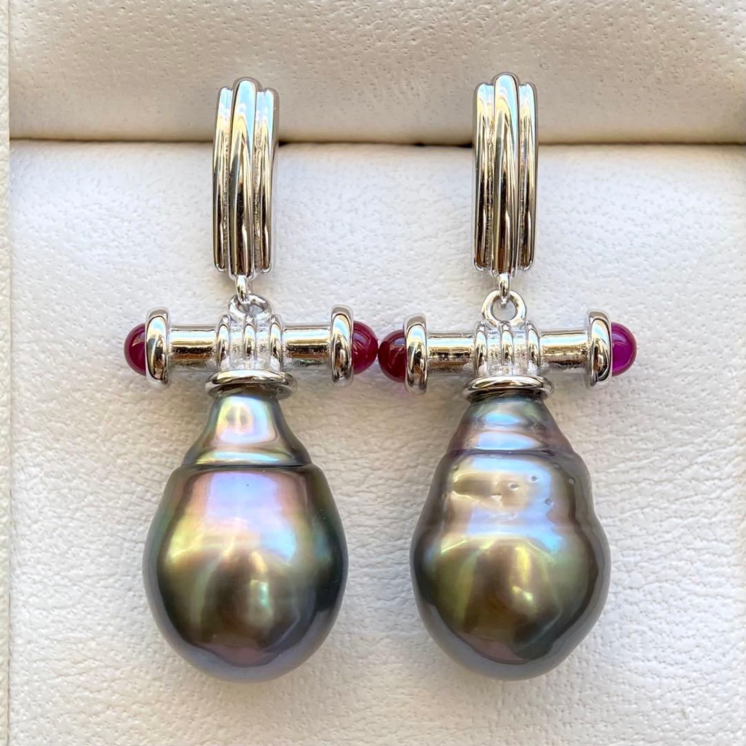 本真珠南洋黒蝶真珠グリーンブルー15.8×11㍉高品質s925ピアスBL947