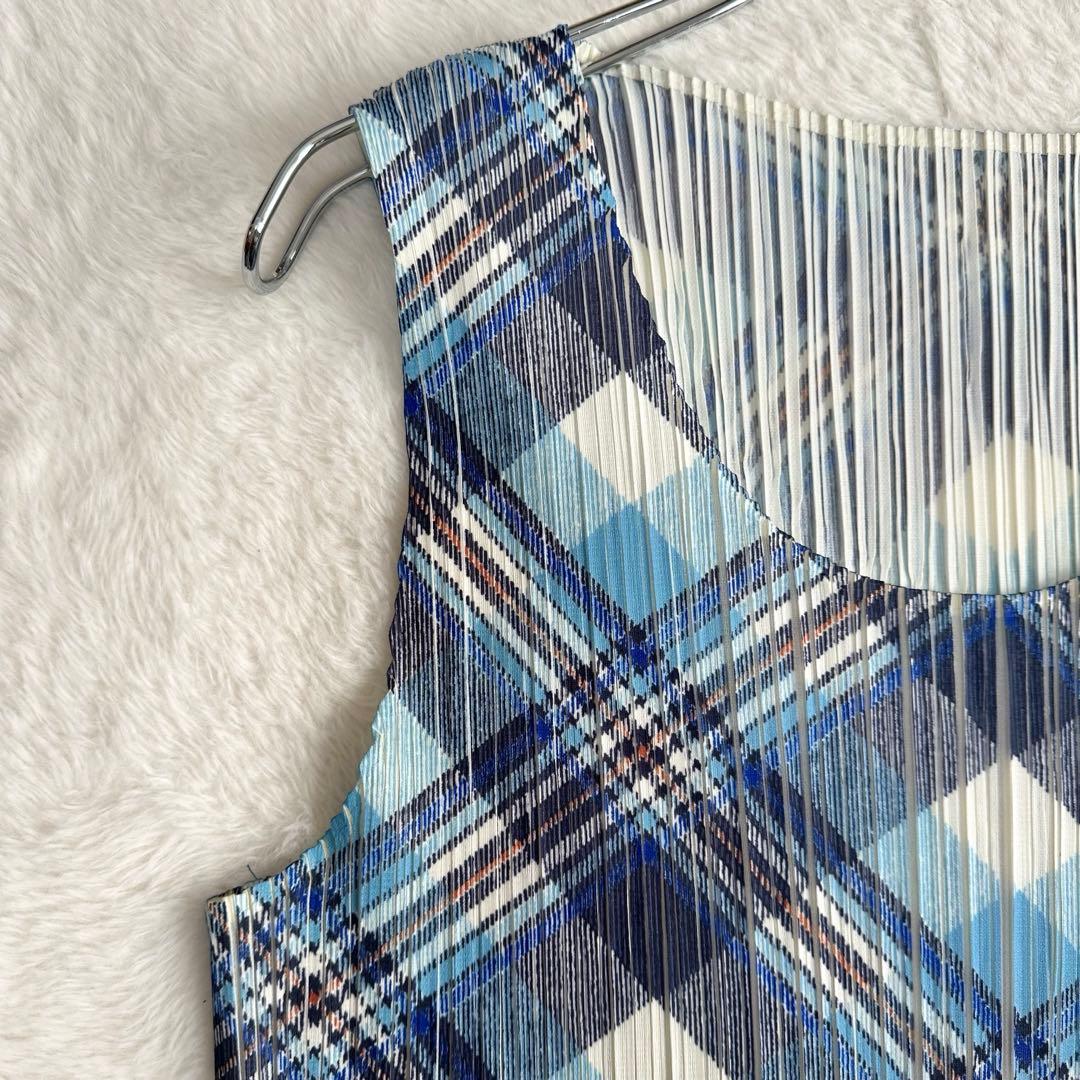 美品✨プリーツプリーズ ノースリーブ タンクトップ カットソー チェック柄 3