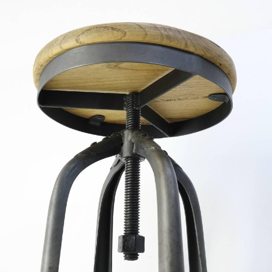 インダストリアル 昇降式 古木シート ハイスツール アイアン脚 足置きあり ④