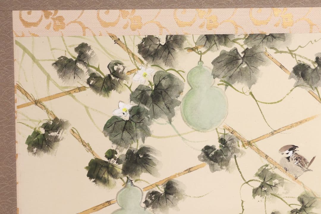 真作 美品 日本画 田中松泉 瓢箪 雀 彩色 紙本 掛軸 鳥 横