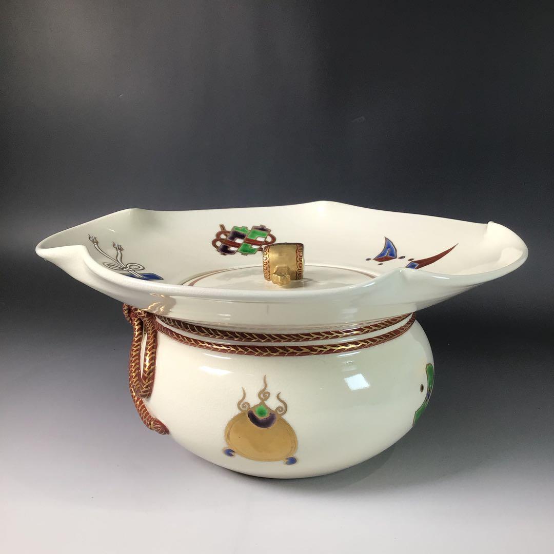 R889 水指 『橋本城岳造』『色絵宝文』『砂金袋水指』 共箱 茶道具