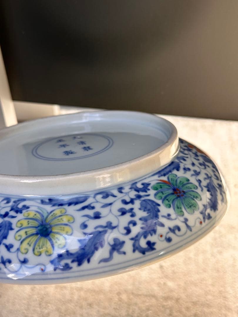 清代　大清雍正年製　青花染付 彩繪花卉文　古陶磁皿　中国古美術　時代物　骨董