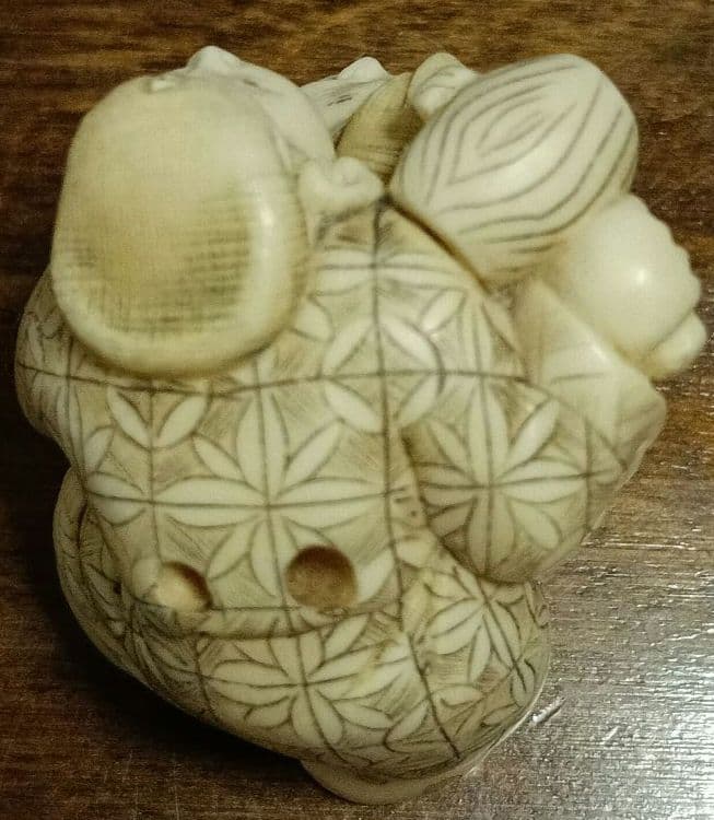 年代物 骨董 象牙風 在銘 恵比寿天 大黒天 根付 47g 縁起物 商売繁盛