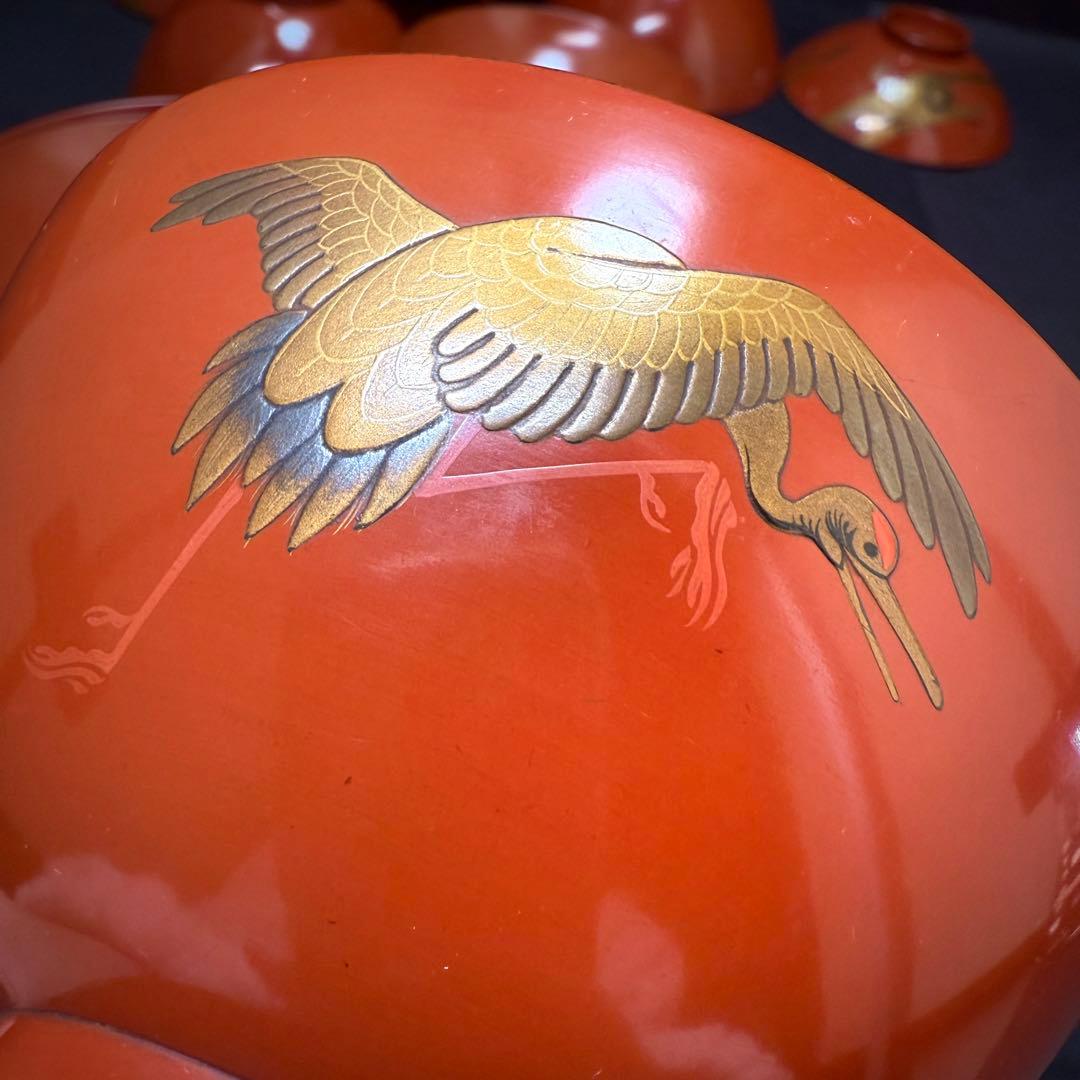 漆器　輪島塗　金蒔絵松鶴文　木製　蓋付椀　お煮物椀　吸物椀　5客　骨董品