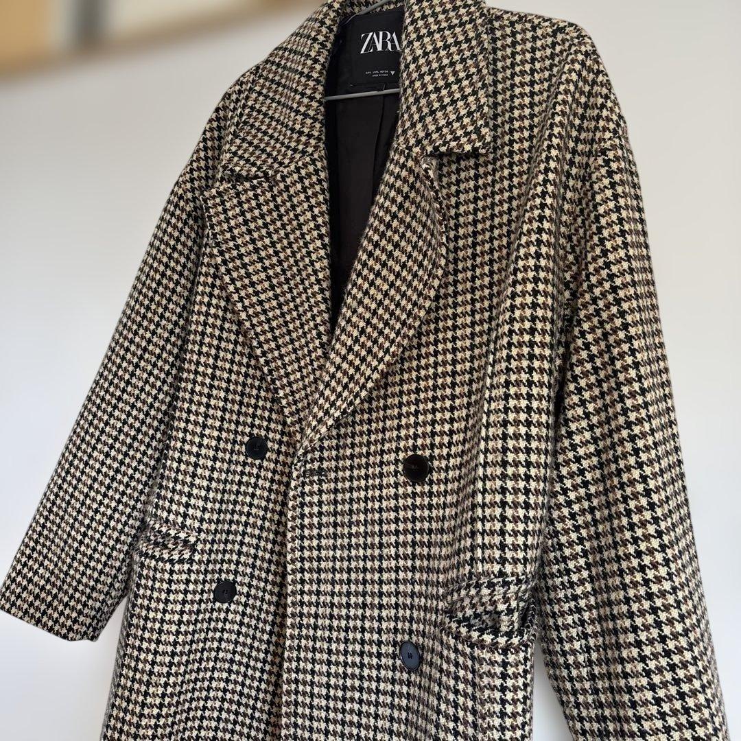 ZARA チェック柄 ダブルブレストコート チェスターコート M オーバー