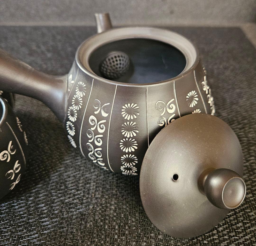 常滑焼　名工　柴田好明　作　黒泥茶注　急須　煎茶碗　5客　常滑茶注　茶道具　茶器