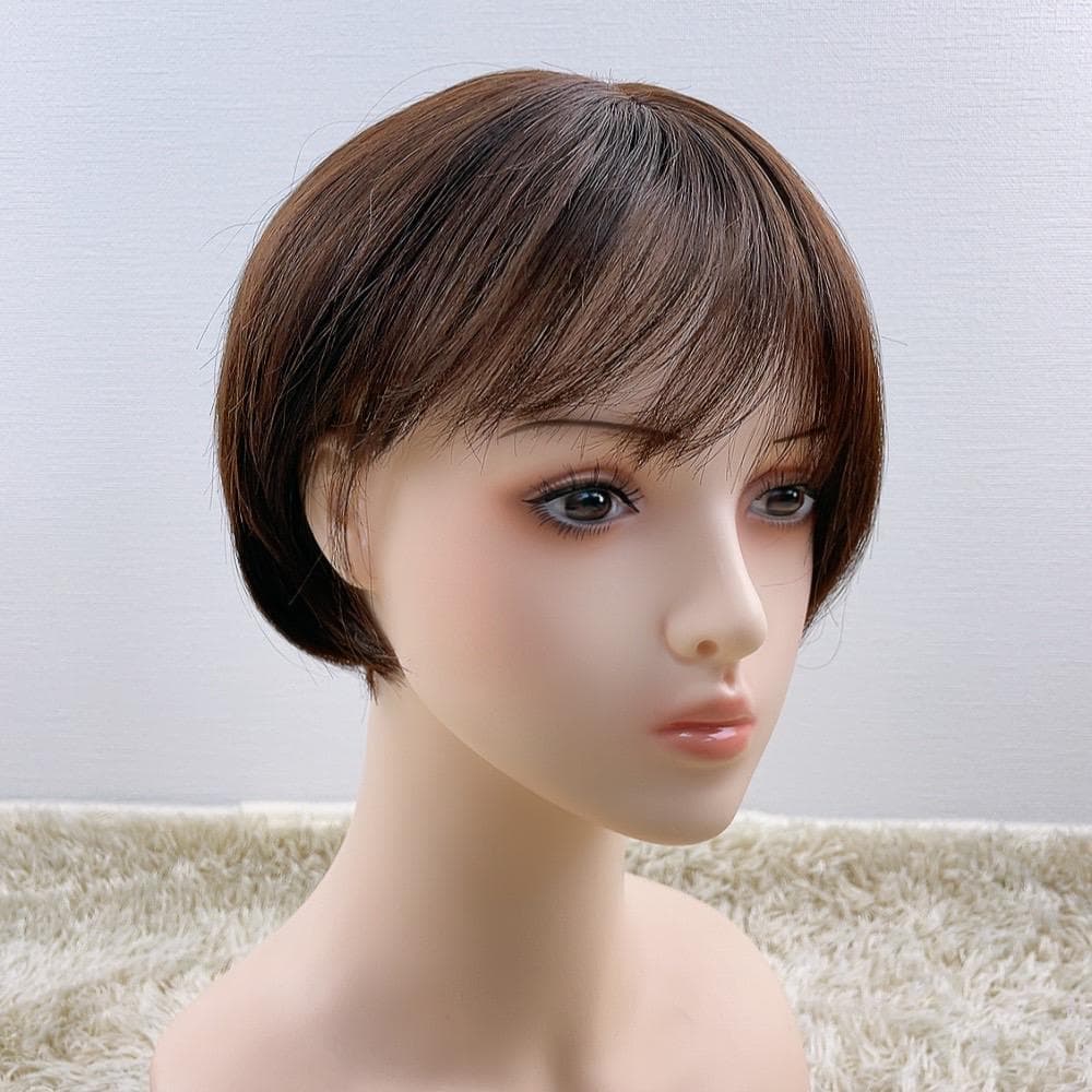 人毛100%フルウィッグ 医療用 ショートヘア ストレート 茶髪 ダークブラウン