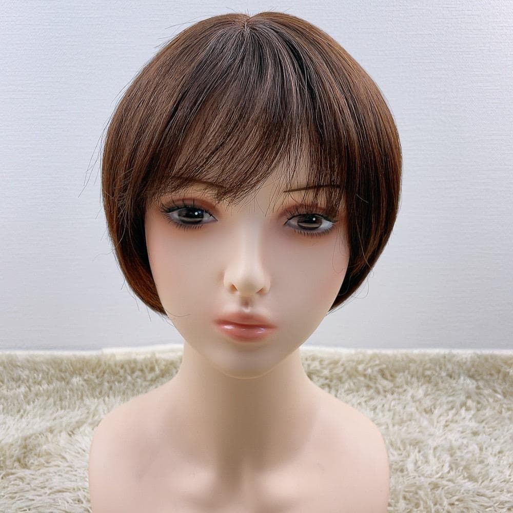 人毛100%フルウィッグ 医療用 ショートヘア ストレート 茶髪 ダークブラウン
