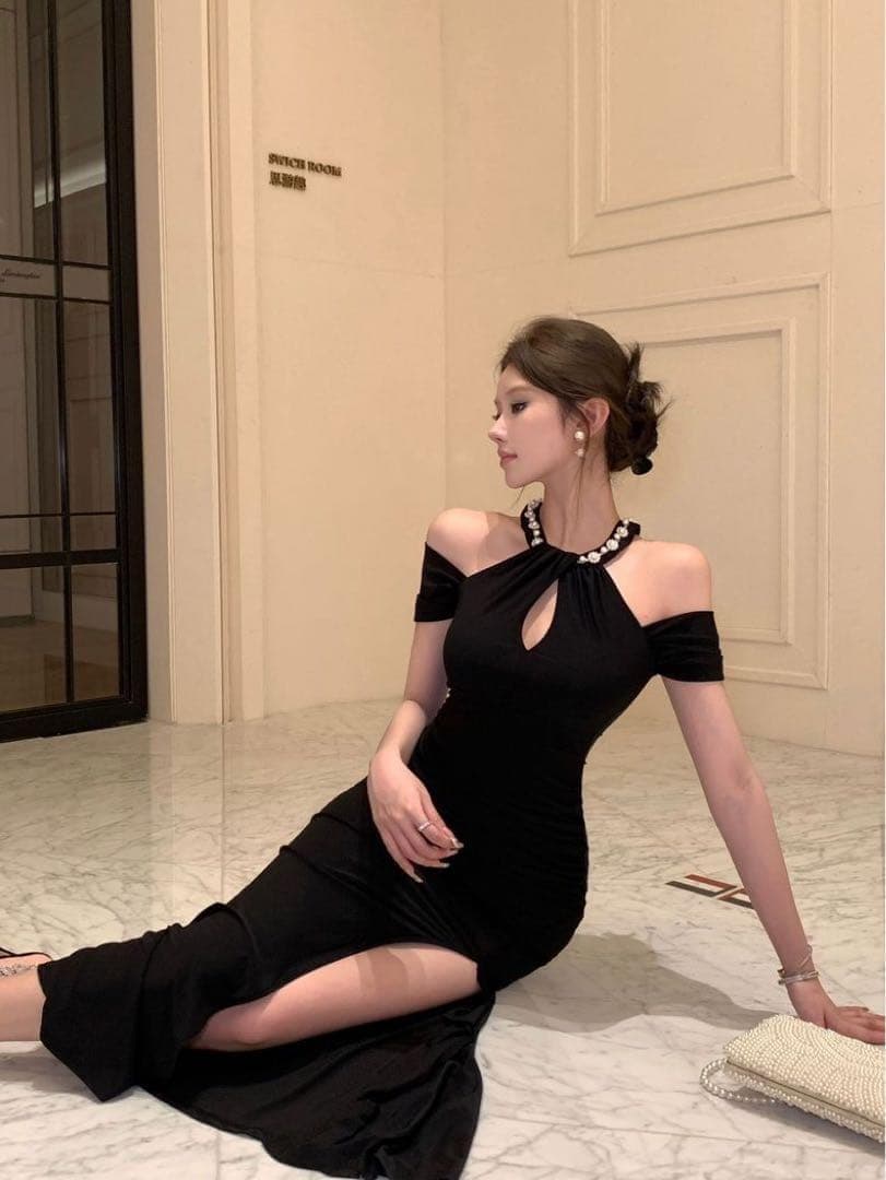 韓国 服 レディース ワンピース 黒 パーティードレス ロング 人気 スリット