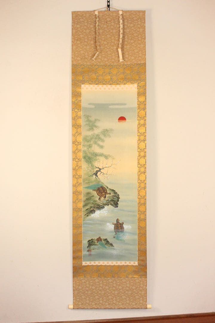 No5313 掛軸 双幅 銘有 国井孝雪 鶴亀之図 絹本 共箱 縁起物 送料無料