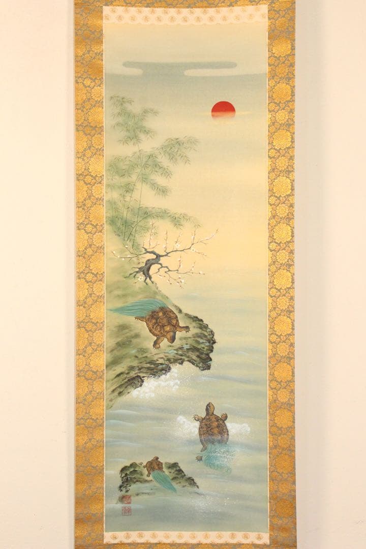 No5313 掛軸 双幅 銘有 国井孝雪 鶴亀之図 絹本 共箱 縁起物