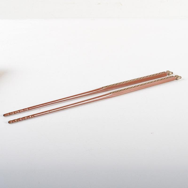 茶道具　梅龍軒作　銅製　鳥頭角透かし　象嵌　火箸　共箱　C　6641