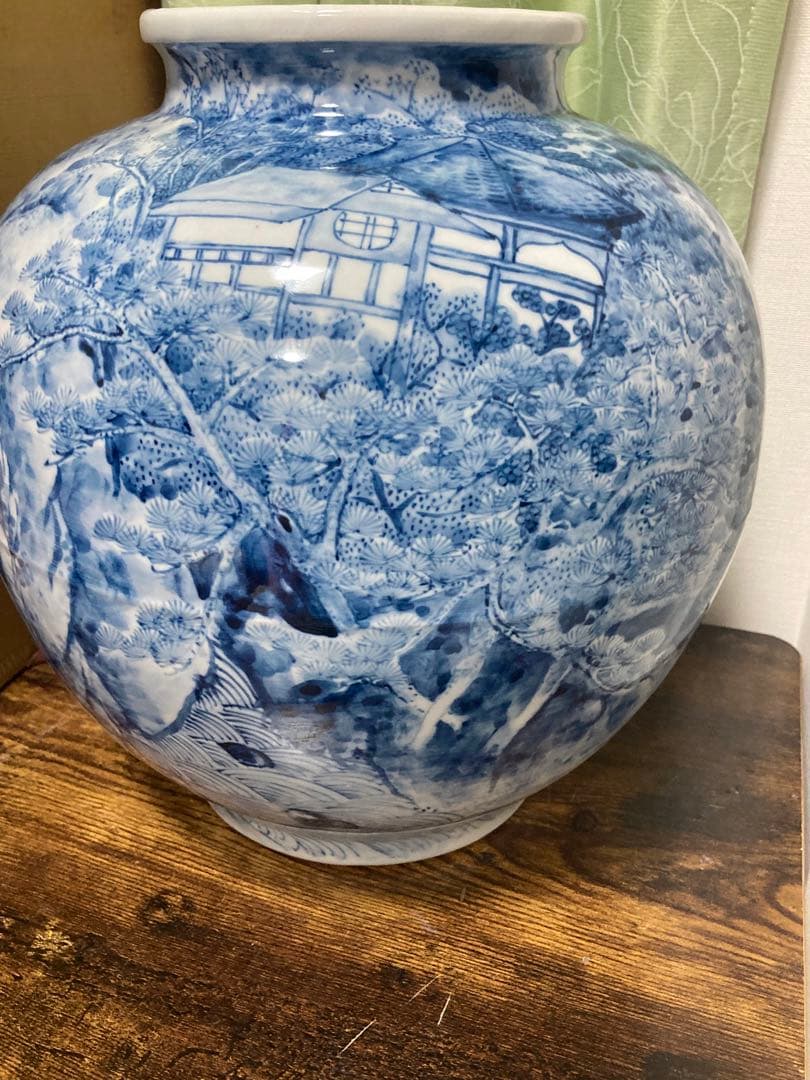 加藤芳州 染付山水大壺共箱共布 無形文化財保持者 楼閣山水文人画 骨董古美術