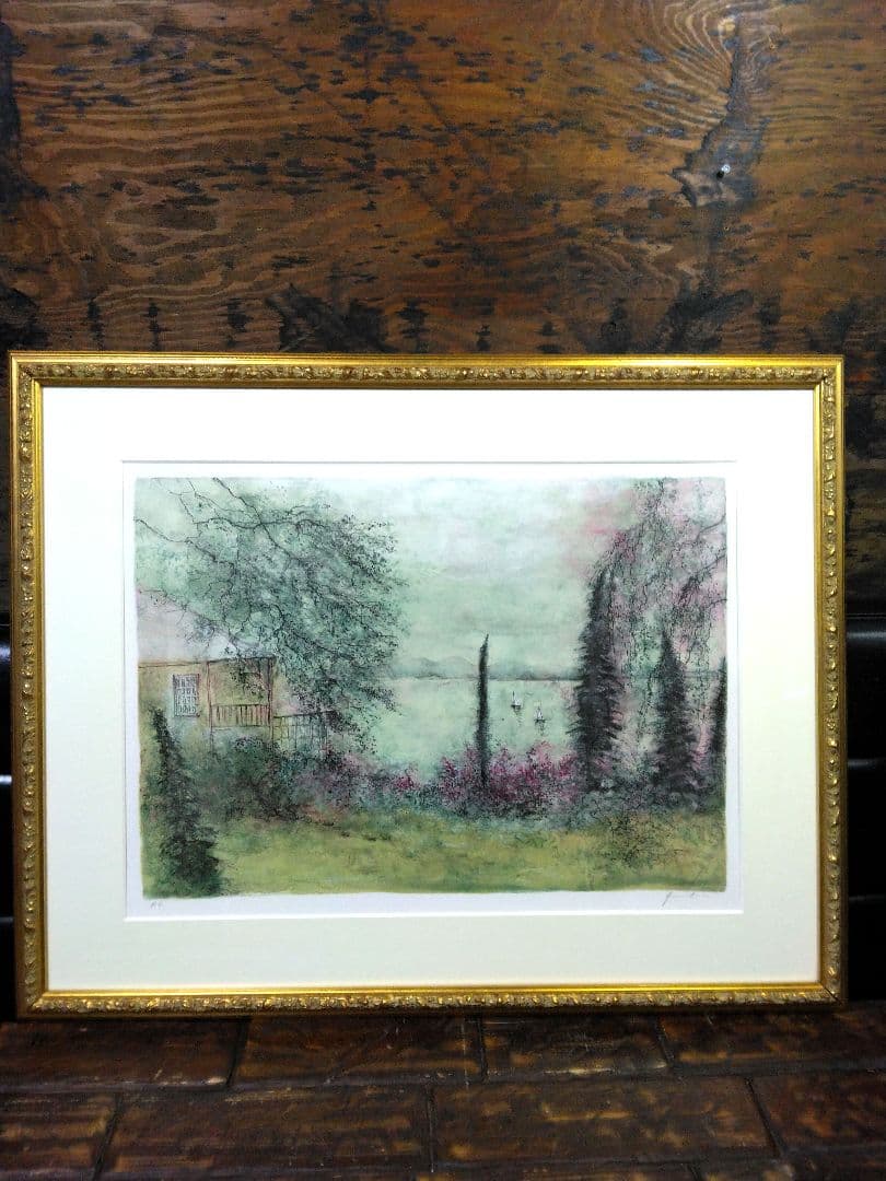 リトグラフ 版画非売品額装 直筆サイン 風景画ベルナールガントナー湖畔