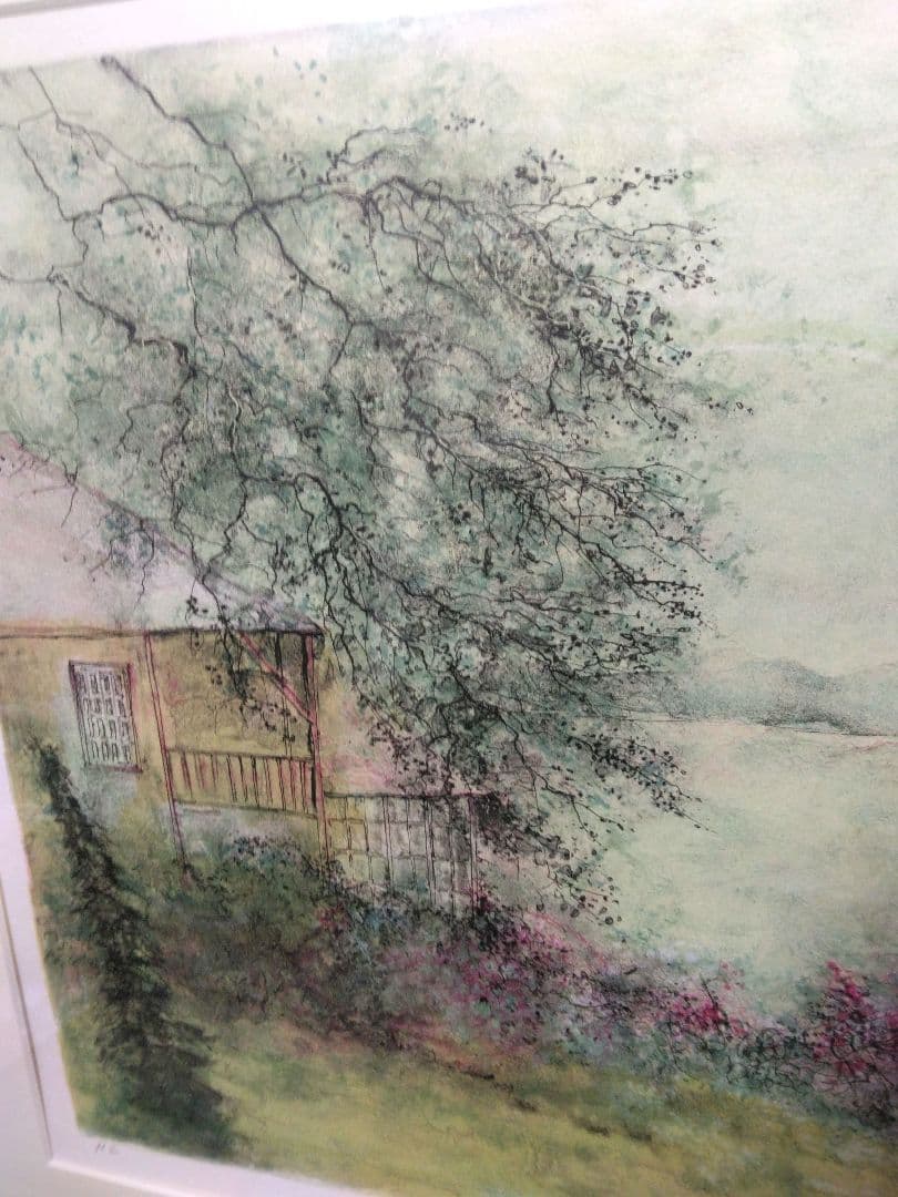 リトグラフ 版画非売品額装 直筆サイン 風景画ベルナールガントナー湖畔