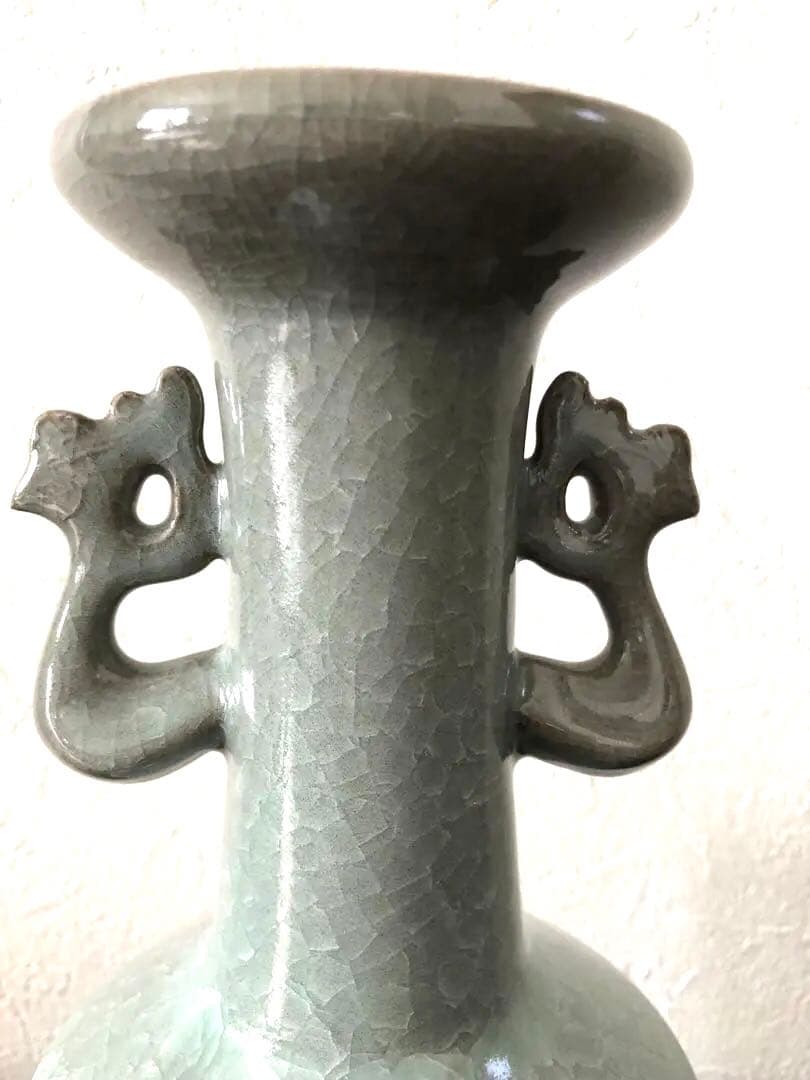未使用】軌窯 久田重義 作 青瓷鳳凰耳花生 希少 常滑焼 花入 花瓶の