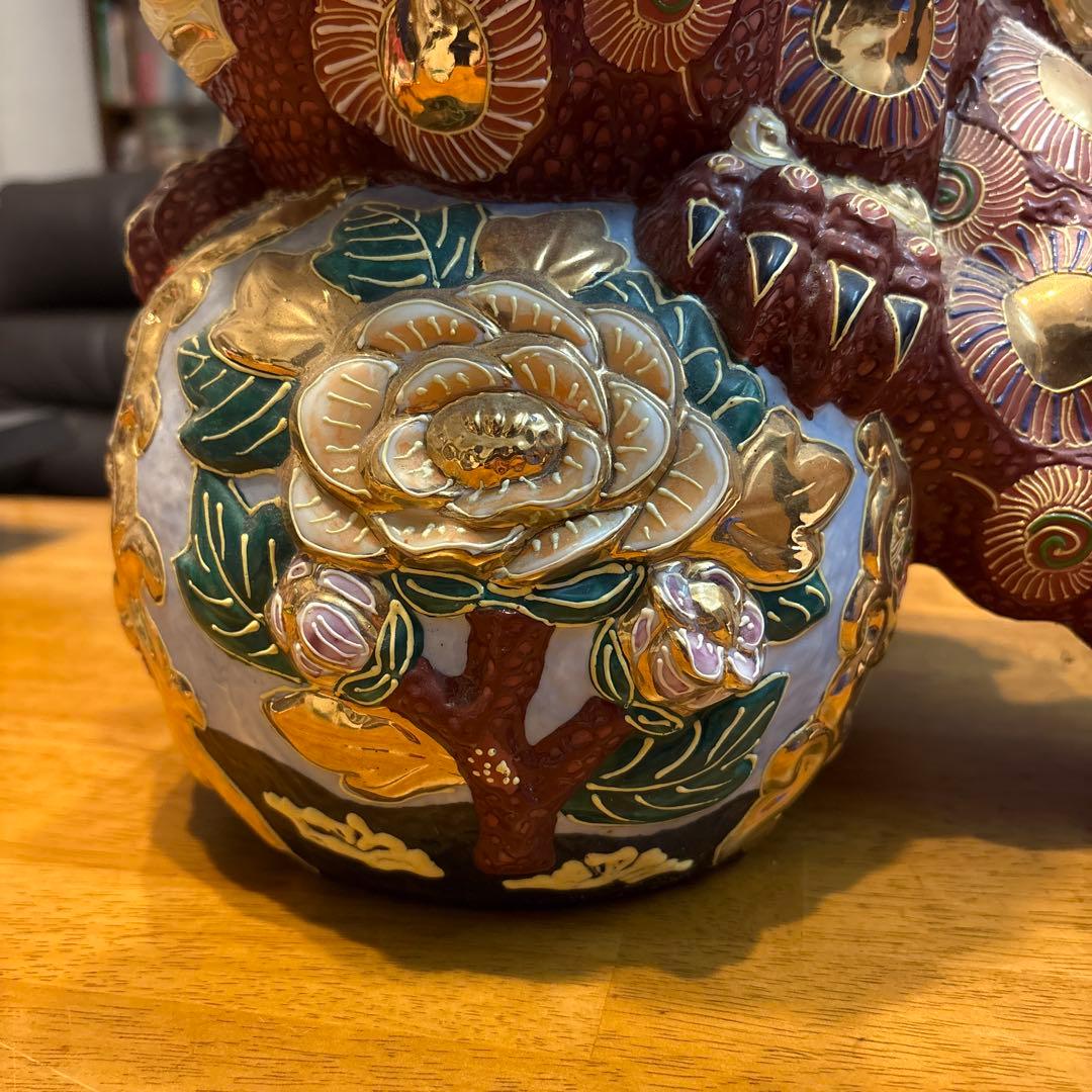 激レア 九谷焼 玉乗り獅子 狛犬 シーサー 置物 縁起物 金彩 陶器製