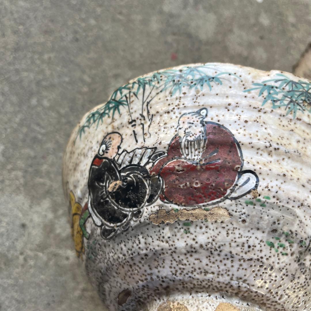 骨董　古犬山焼　色絵竹林七賢文　竹林賢人図　なます皿　江戸後期　金継ぎ