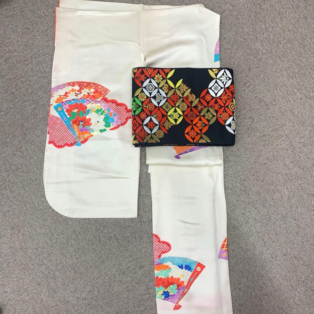 512ag34□七五三 七歳 女児 着物&袋帯 扇 鹿の子 白□状態良好