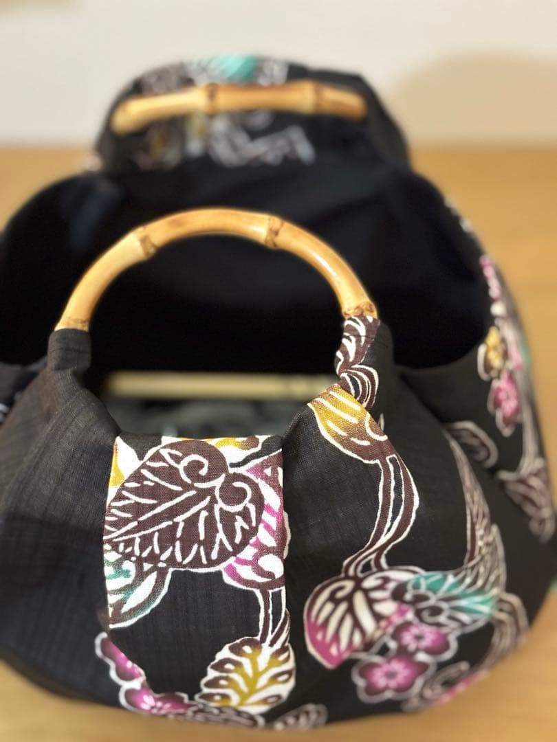 和装バック着物バック琉球紅型・琉球柄・葵の柄（黒）入学卒業結婚七五三振袖お宮参り