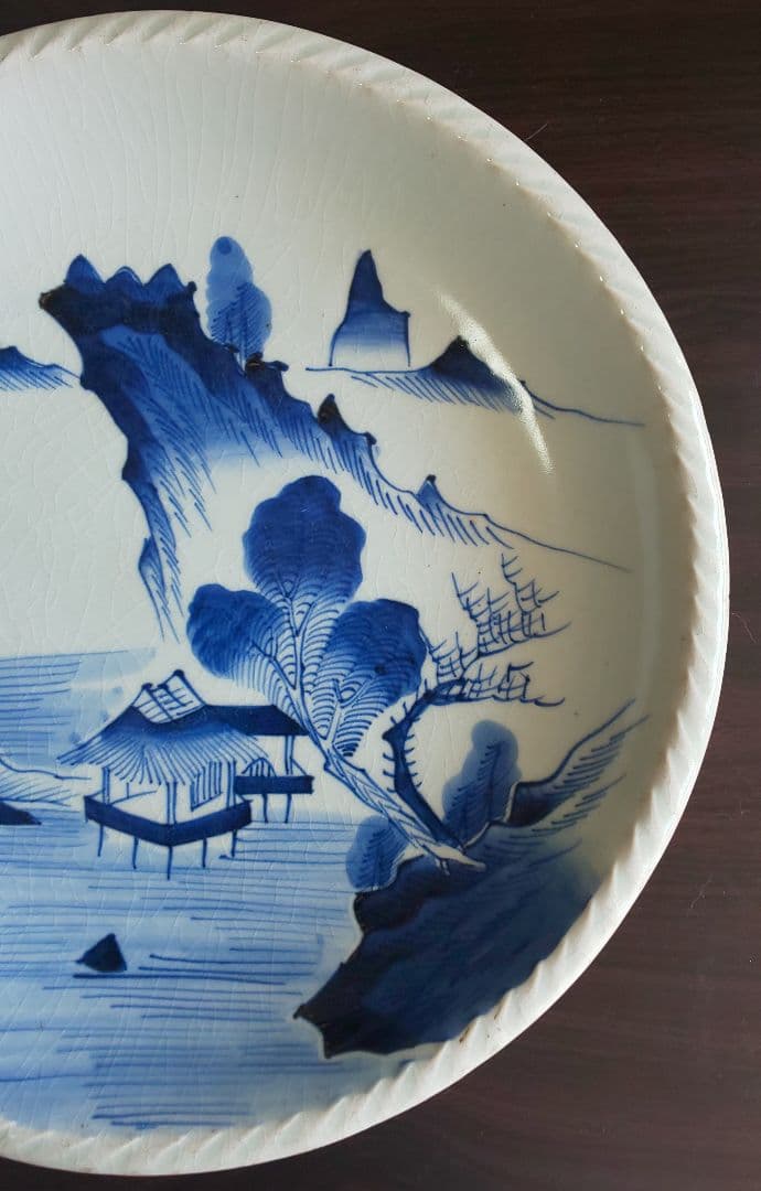 古伊万里 白磁大皿 江戸時代中期 白磁青い山水画大皿