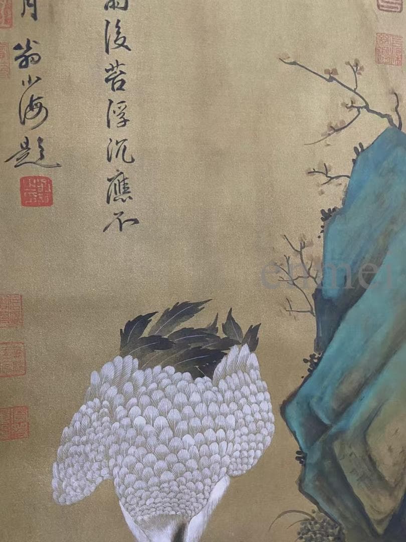 中国古美術・旧藏・沈周款・大三尺中堂鶴画・純手描き・絹本掛軸・明代