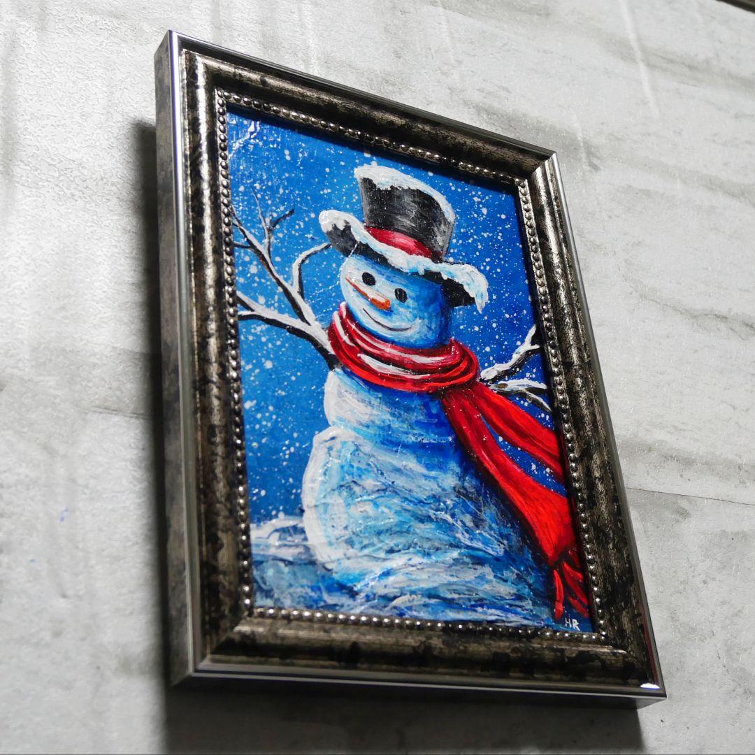 【赤いマフラーの雪だるま】絵画 油彩 油彩画 絵 油絵