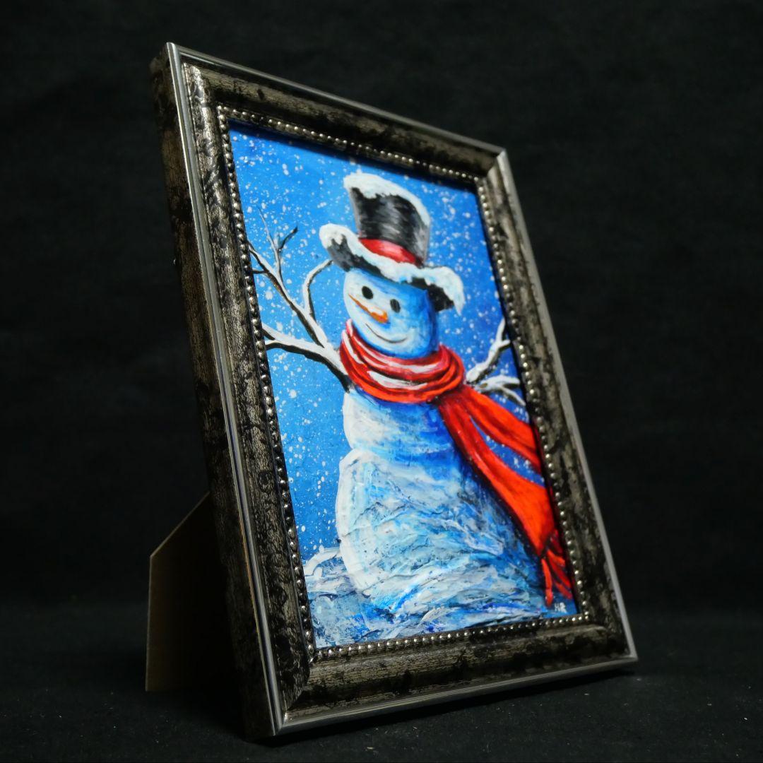 【赤いマフラーの雪だるま】絵画 油彩 油彩画 絵 油絵