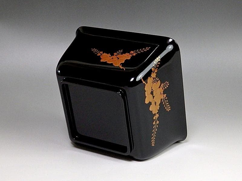 黒地桐雲鳳凰蒔絵　菓子器　明治期　木製品　N155A-EEa