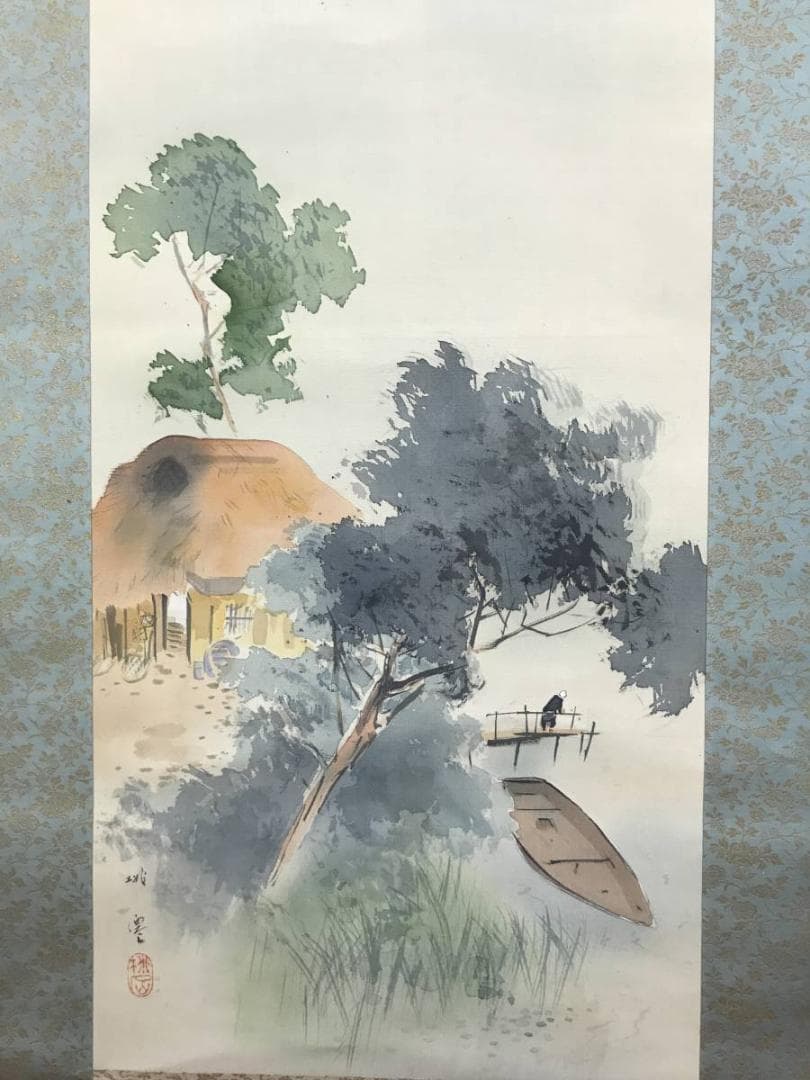 【真作】加畑桃僊/湖畔涼風図/山水図/初夏図/掛軸☆宝船☆AD-448