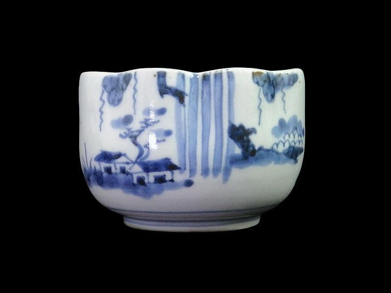 古伊万里　染付　山水の図　変形向付　２客　B072AS-fbvb