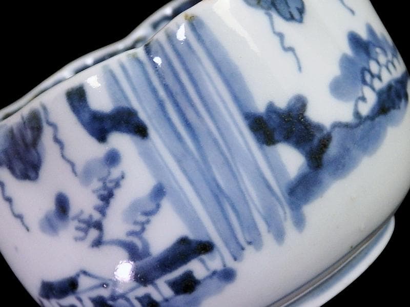 古伊万里　染付　山水の図　変形向付　２客　B072AS-fbvb