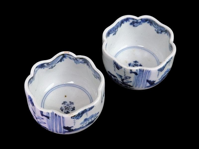 古伊万里　染付　山水の図　変形向付　２客　B072AS-fbvb