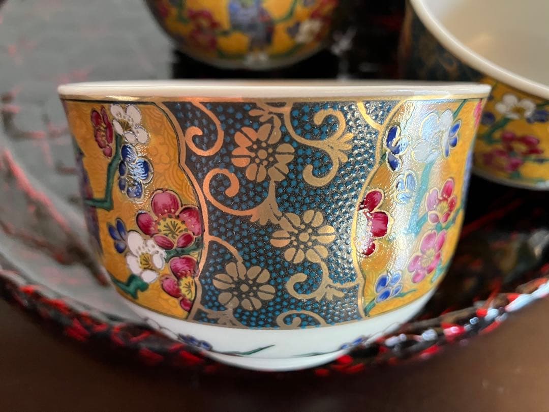 九谷焼 九谷光峰 花詰/菊詰 金彩 茶器揃 5客 湯呑茶碗/急須