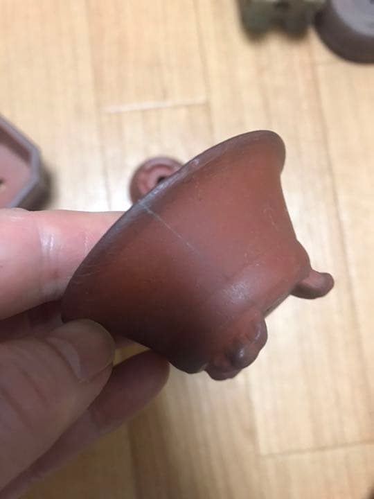 盆栽鉢紫砂朱泥4個中国宜興雷紋正方角切り鉢、文山絵付豆鉢2個落款無雲足陣笠鉢