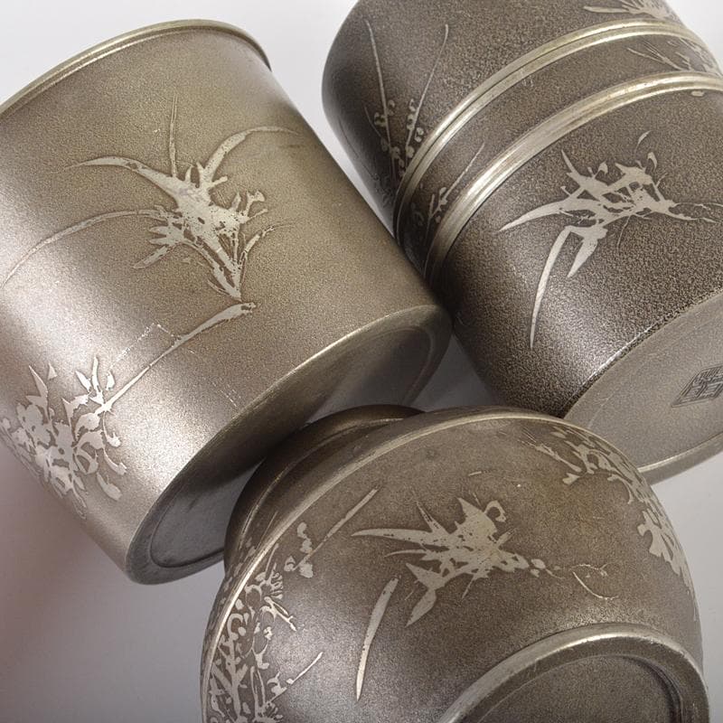 錫製　間村自造　四君子文　茶壷　茶こぼし　合計約985g　3点　D　R6368