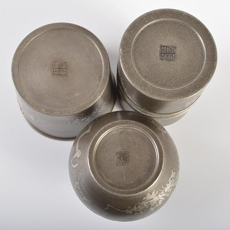 錫製 間村自造 四君子文 茶壷 茶こぼし 合計約985g 3
