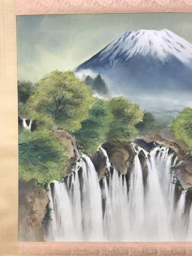 真作/堀江春斎/富士に白糸滝図/富士山図/滝/富岳図/掛軸/名家