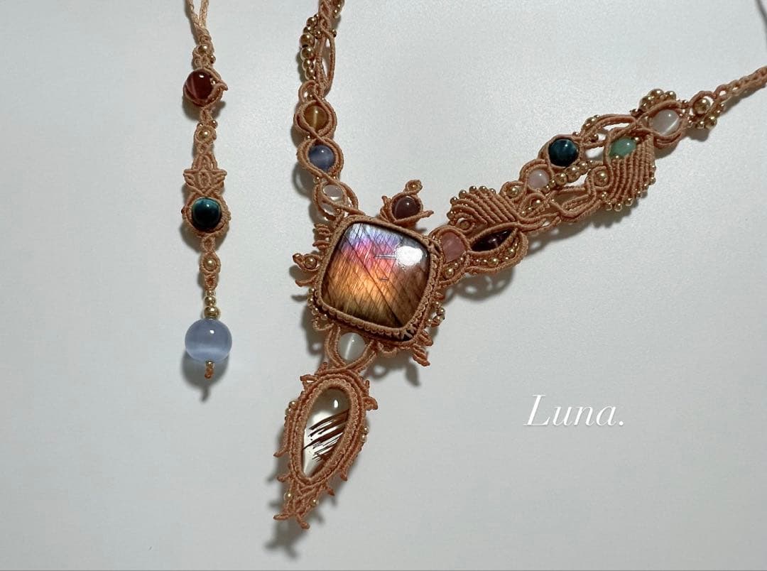 handmade】マクラメ× ラブラドライト ルチルクォーツ ネックレス