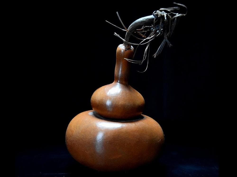 匏】 ☆ 匏器 文玩葫芦 ☆ 清朝期 長頸 茎付 経年色