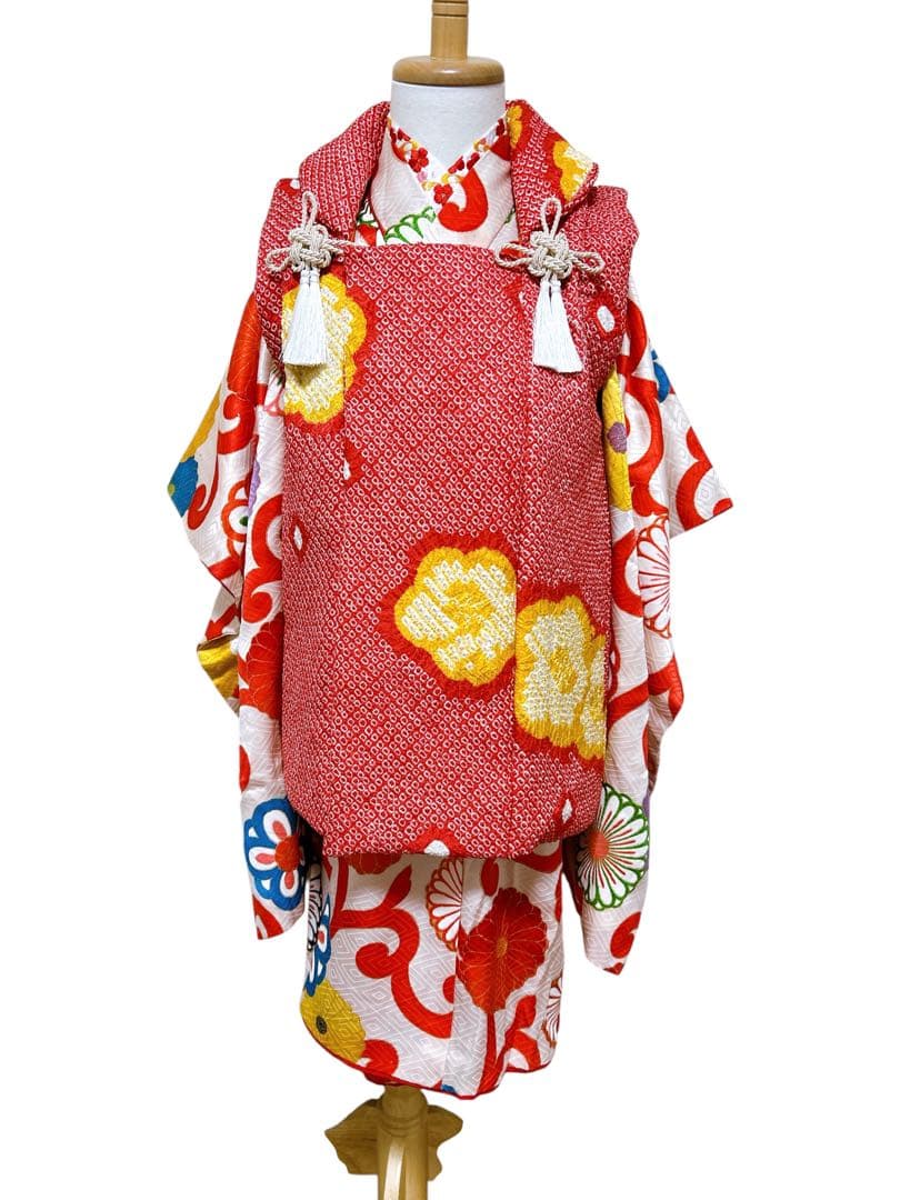 アンティーク総絞り♡七五三　3歳　女の子　フルセット　一式　赤系　レトロ着物