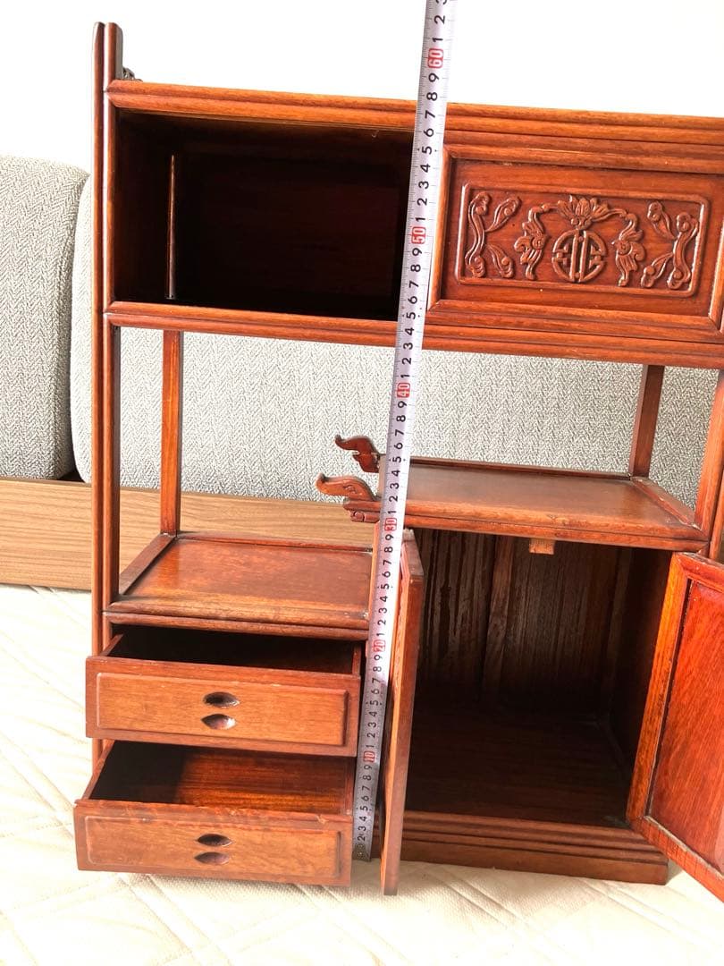 骨董品唐木家具本花梨 総無垢 茶棚 茶道具 飾棚 彫刻 透かし彫り 煎茶道具