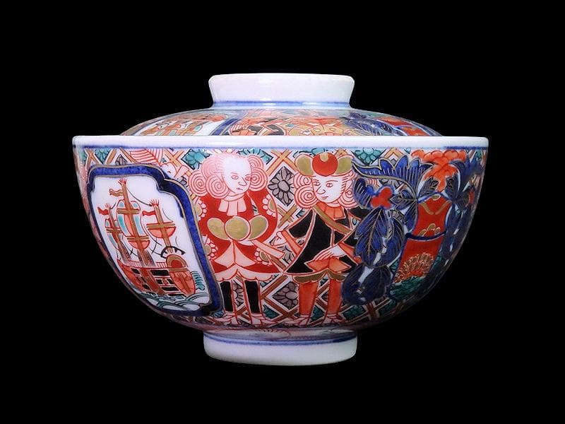 大聖寺伊万里　金襴手　五艘船に南蛮人の図　蓋茶碗　D898AS-CYo