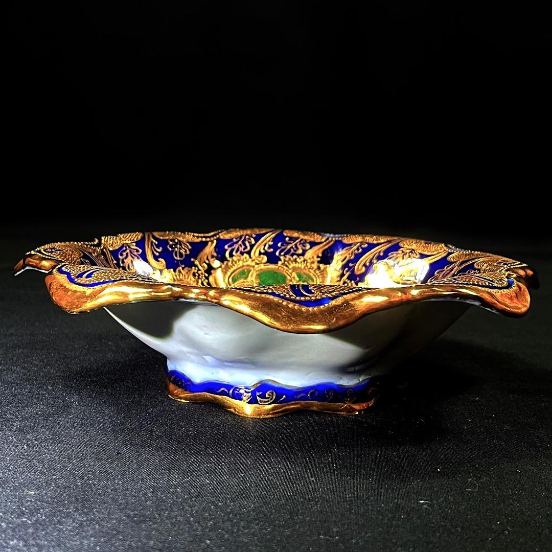 オールドノリタケ コバルト金彩薔薇紋鉢美しい金盛メープルリーフ印