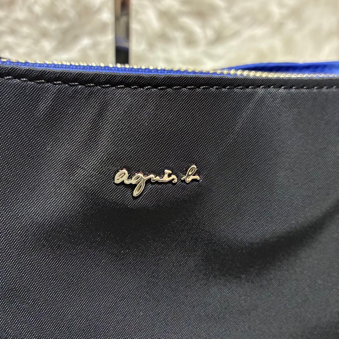 アニエスベー　2wayバッグ　ナイロン　レザー　ゴールドロゴ　ブラック×ブルー