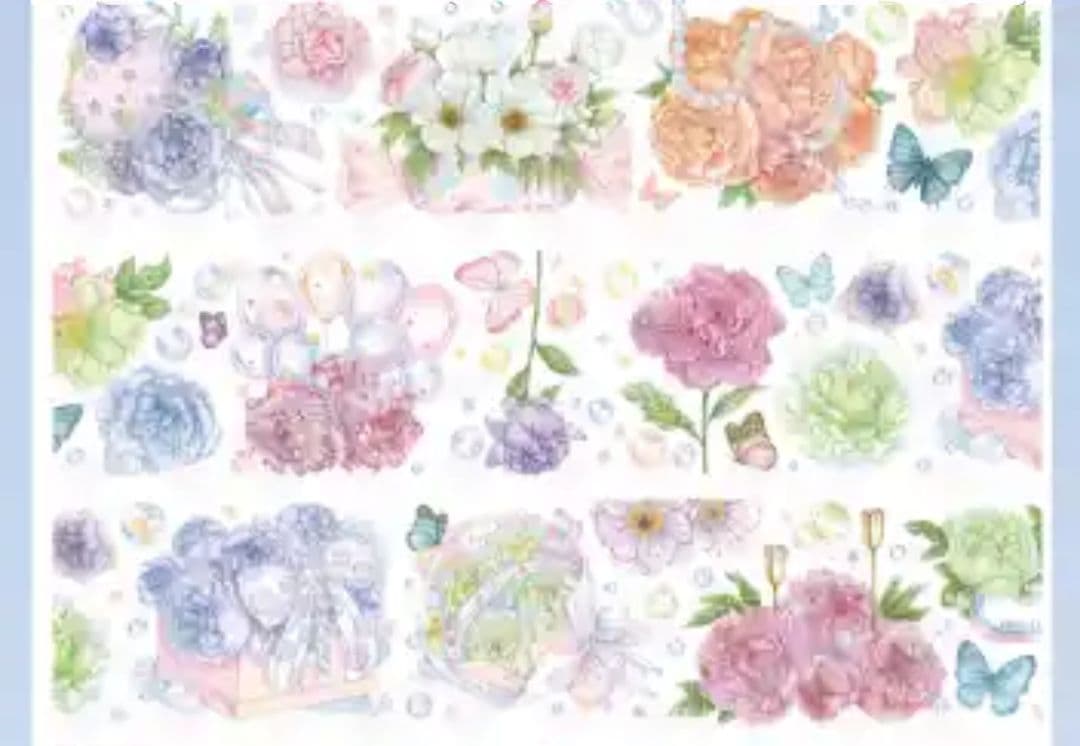 巻売 596 海外 マスキングテープ マステ PET 花 薔薇 蝶 銀ホロ