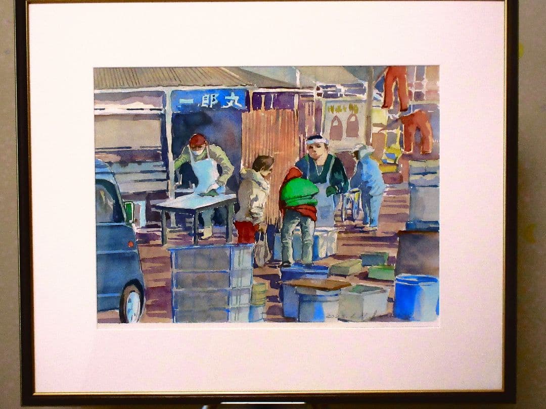 朝市の風景 水彩画 額装済み 原画 F6サイズ